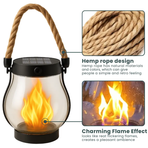 10-Inch Solar Flame-Effect Garden Lantern with Hemp Rope Accents