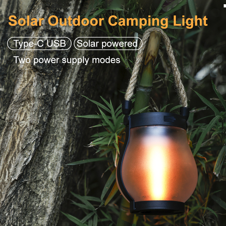 10-Inch Solar Flame-Effect Garden Lantern with Hemp Rope Accents