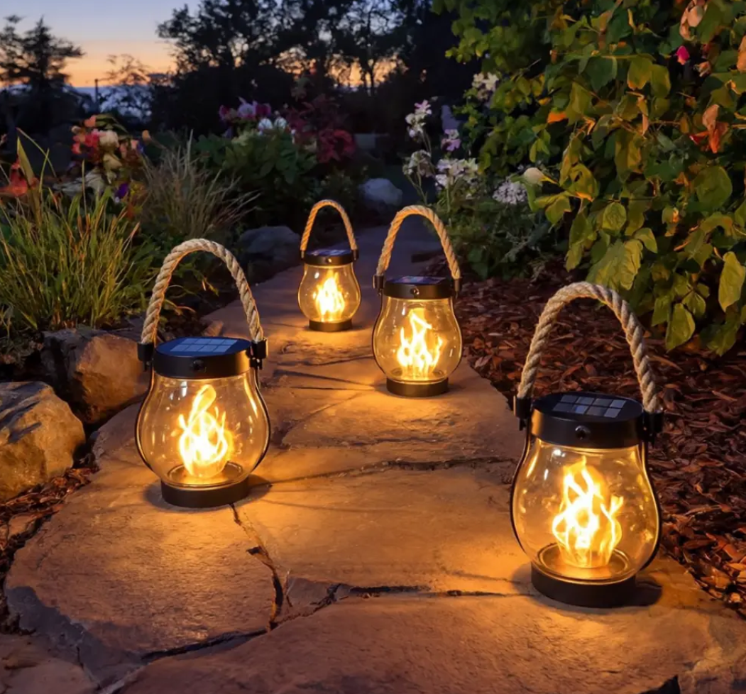 10-Inch Solar Flame-Effect Garden Lantern with Hemp Rope Accents