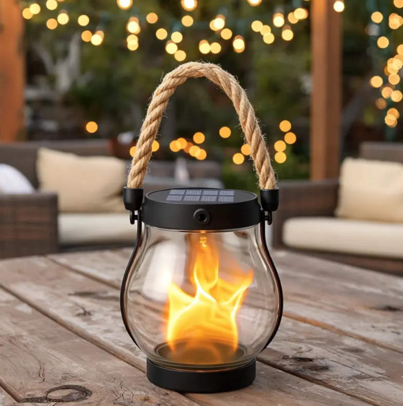 10-Inch Solar Flame-Effect Garden Lantern with Hemp Rope Accents