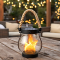 10-Inch Solar Flame-Effect Garden Lantern with Hemp Rope Accents