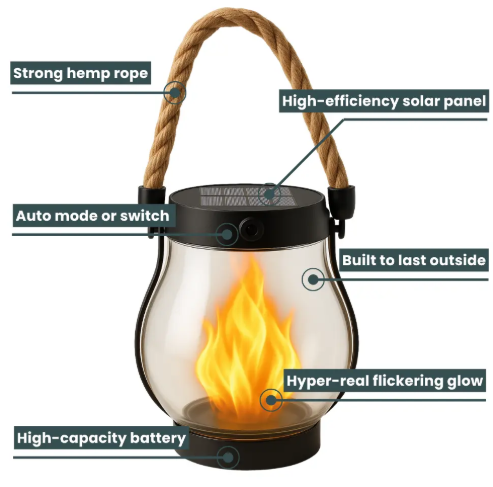 10-Inch Solar Flame-Effect Garden Lantern with Hemp Rope Accents