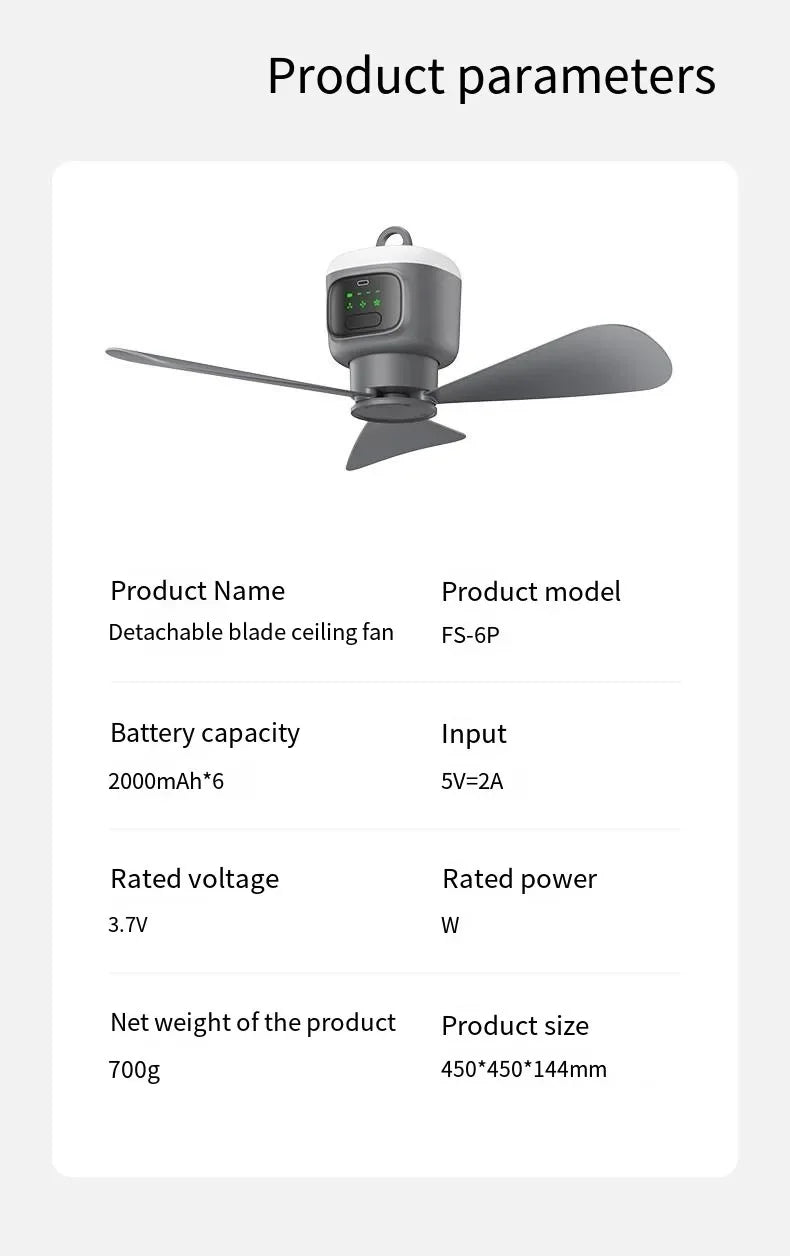 12000mAh Portable Ceiling and Camping Fan, 450mm Blade for Outdoor Tents