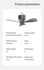 12000mAh Portable Ceiling and Camping Fan, 450mm Blade for Outdoor Tents