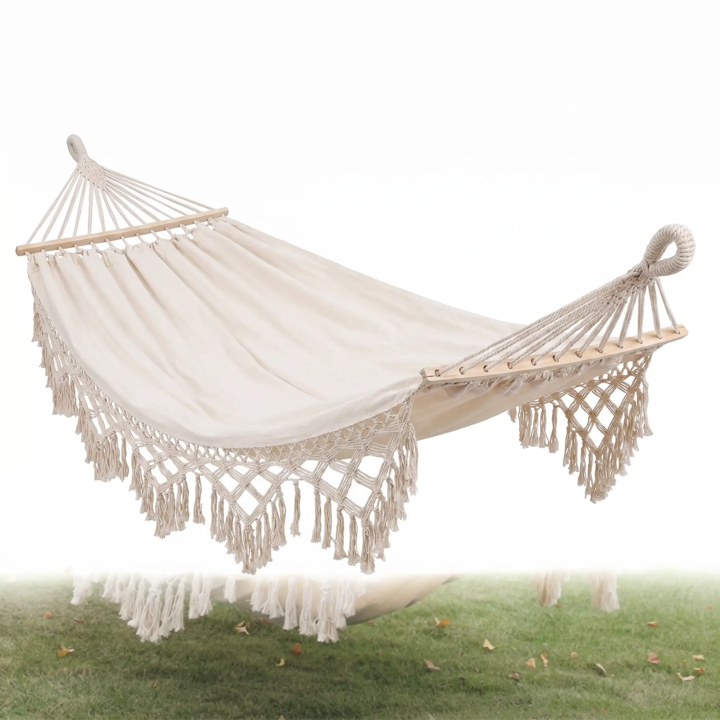 Double Outdoor Camping Hammock with Fringe - 200x150cm, Cotton Canvas, White, view 3