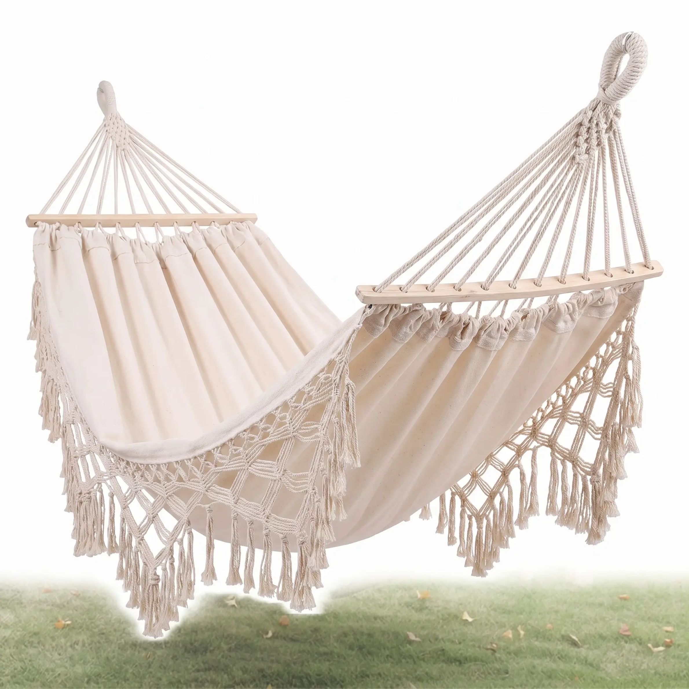 Double Outdoor Camping Hammock with Fringe - 200x150cm, Cotton Canvas, White, view 5