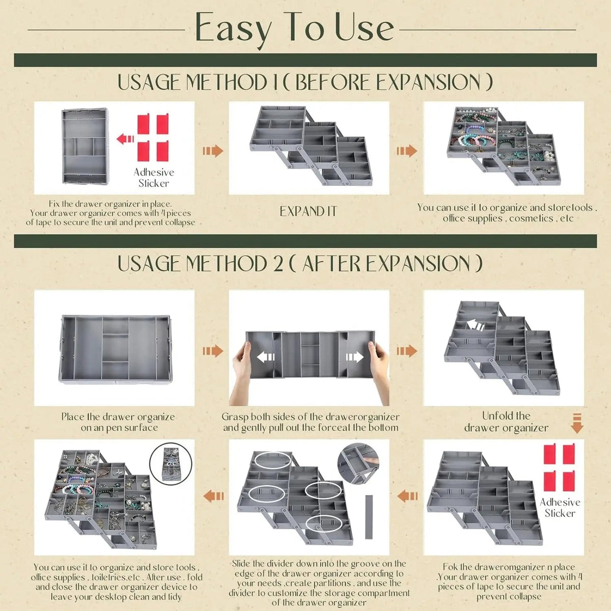 3-Tier Drawer Organiser with 12 Adjustable Dividers, ABS, 6.7 × 33 × 22 cm