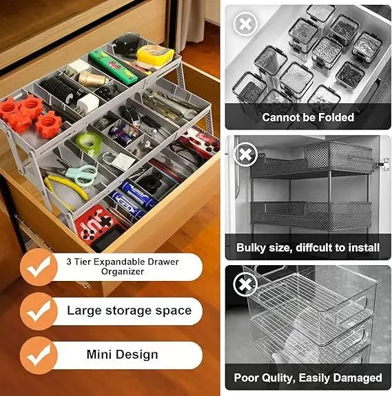 3-Tier Drawer Organiser with 12 Adjustable Dividers, ABS, 6.7 × 33 × 22 cm