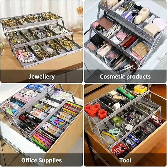 3-Tier Drawer Organiser with 12 Adjustable Dividers, ABS, 6.7 × 33 × 22 cm