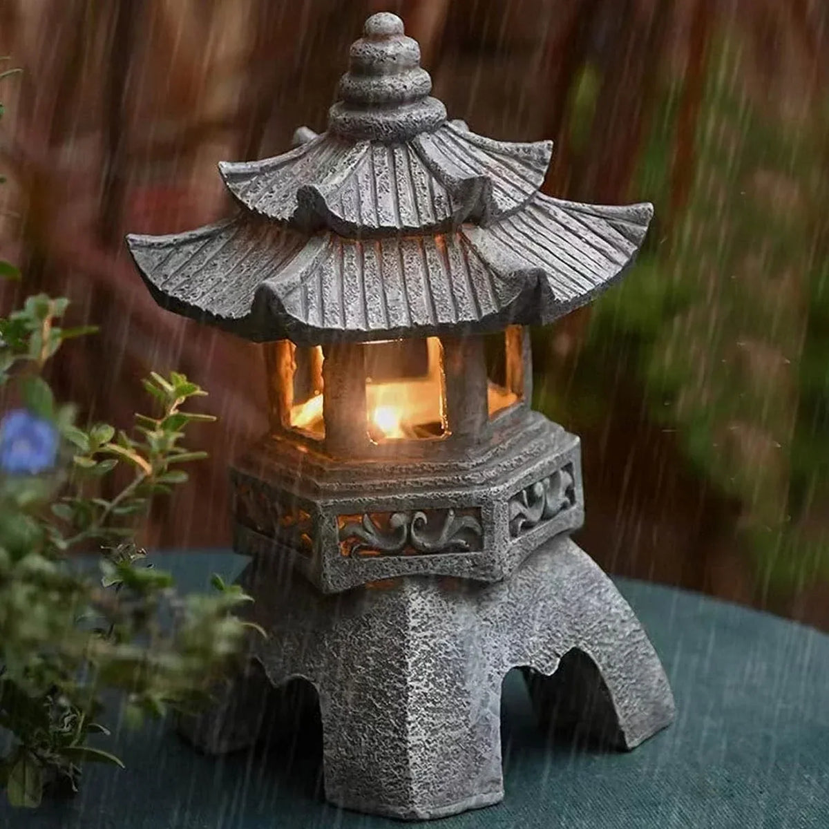 30 cm Solar LED Japanese Garden Lantern in Weather-Resistant Resin