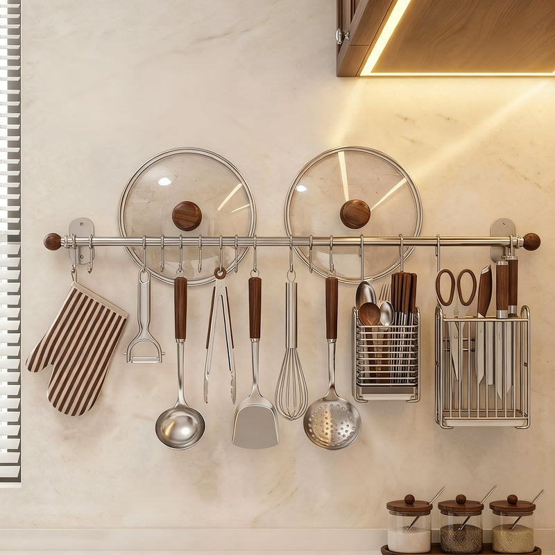 304 Stainless Steel Kitchen Utensil Rail with Hooks, 40–80 cm