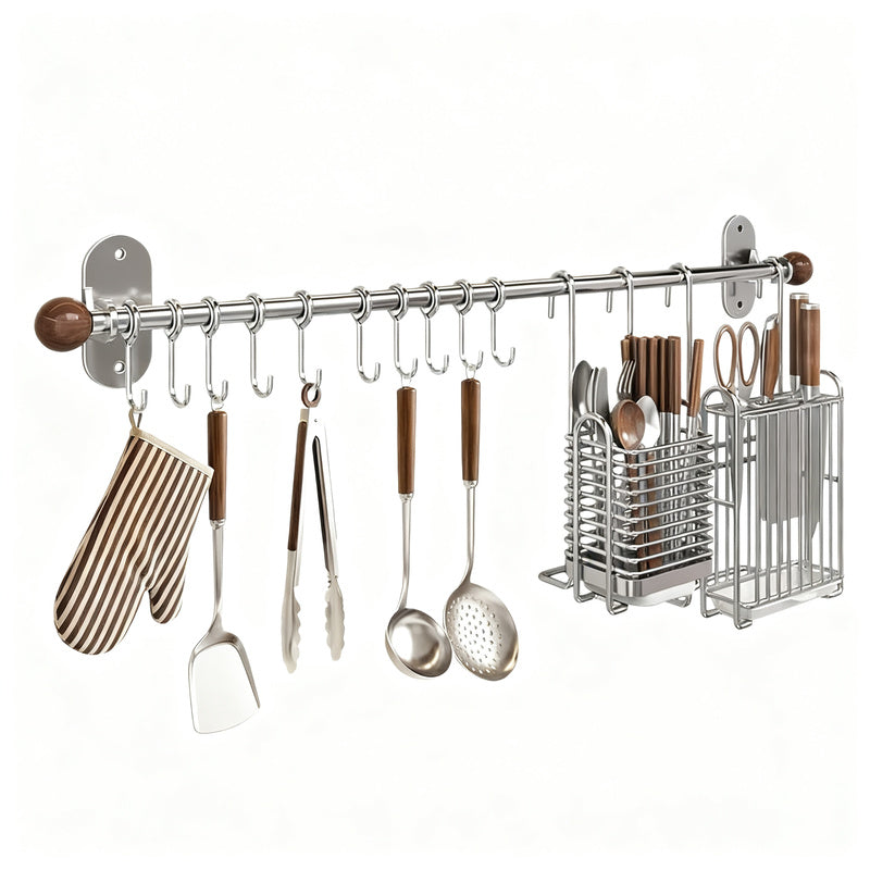 304 Stainless Steel Kitchen Utensil Rail with Hooks, 40–80 cm