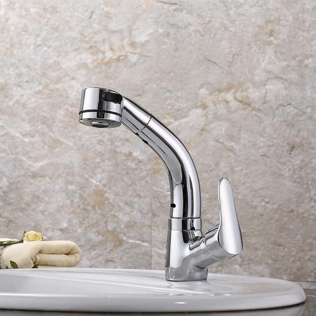 360-Degree Pull-Out Shower Faucet, Height-Adjustable Brass and Chrome