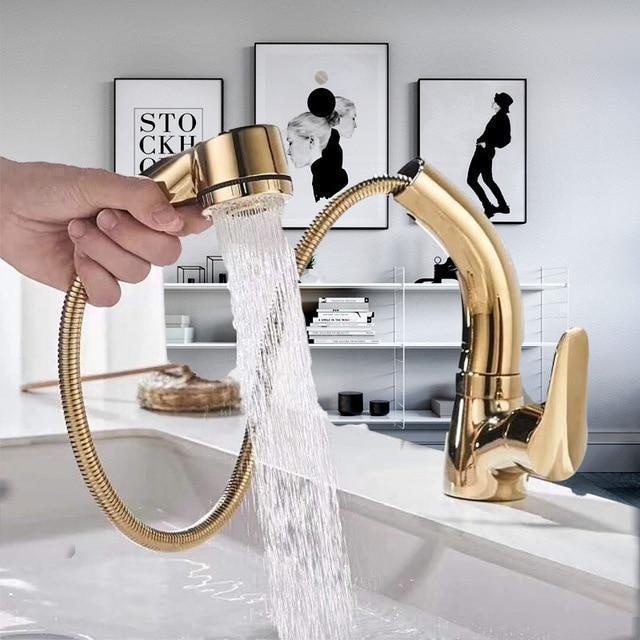 360-Degree Pull-Out Shower Faucet, Height-Adjustable Brass and Chrome
