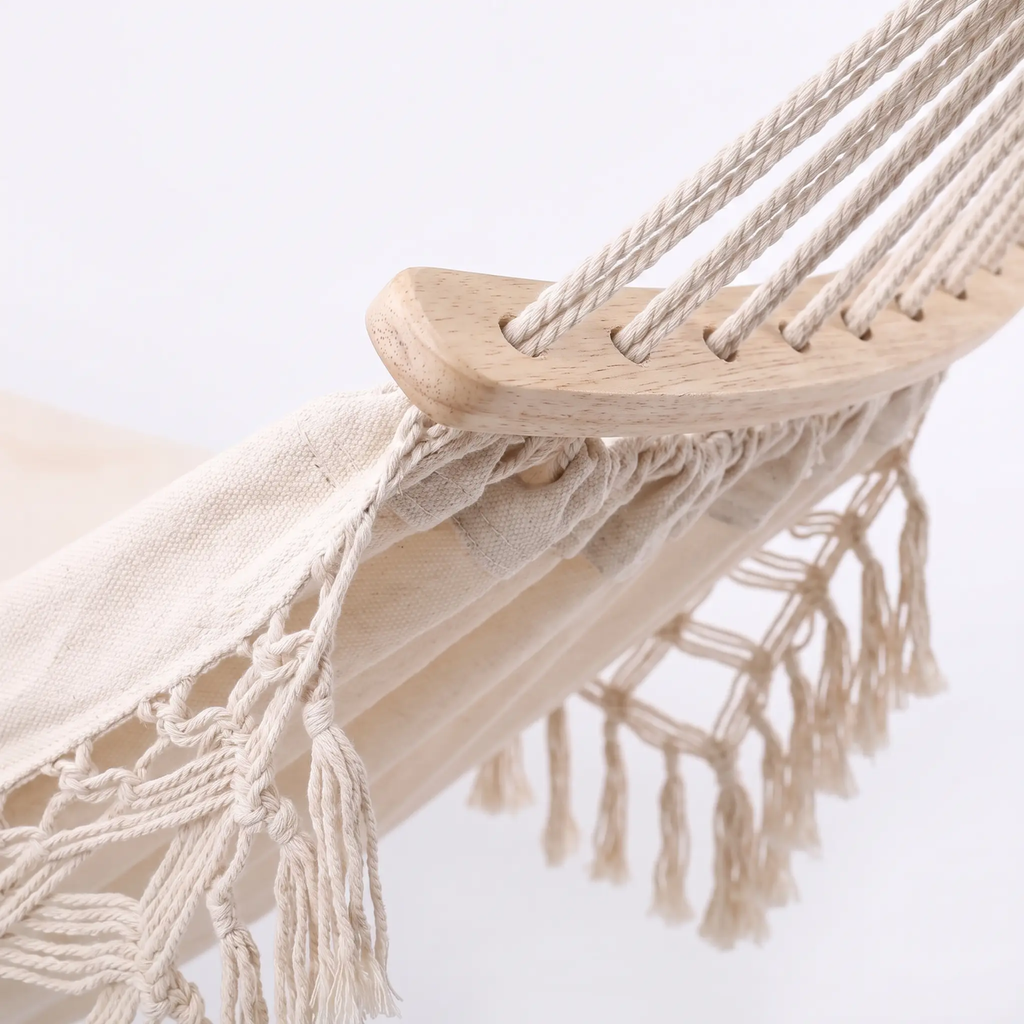 Double Outdoor Camping Hammock with Fringe - 200x150cm, Cotton Canvas, White, view 6
