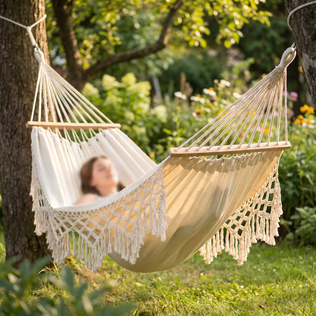 Double Outdoor Camping Hammock with Fringe - 200x150cm, Cotton Canvas, White, view 8