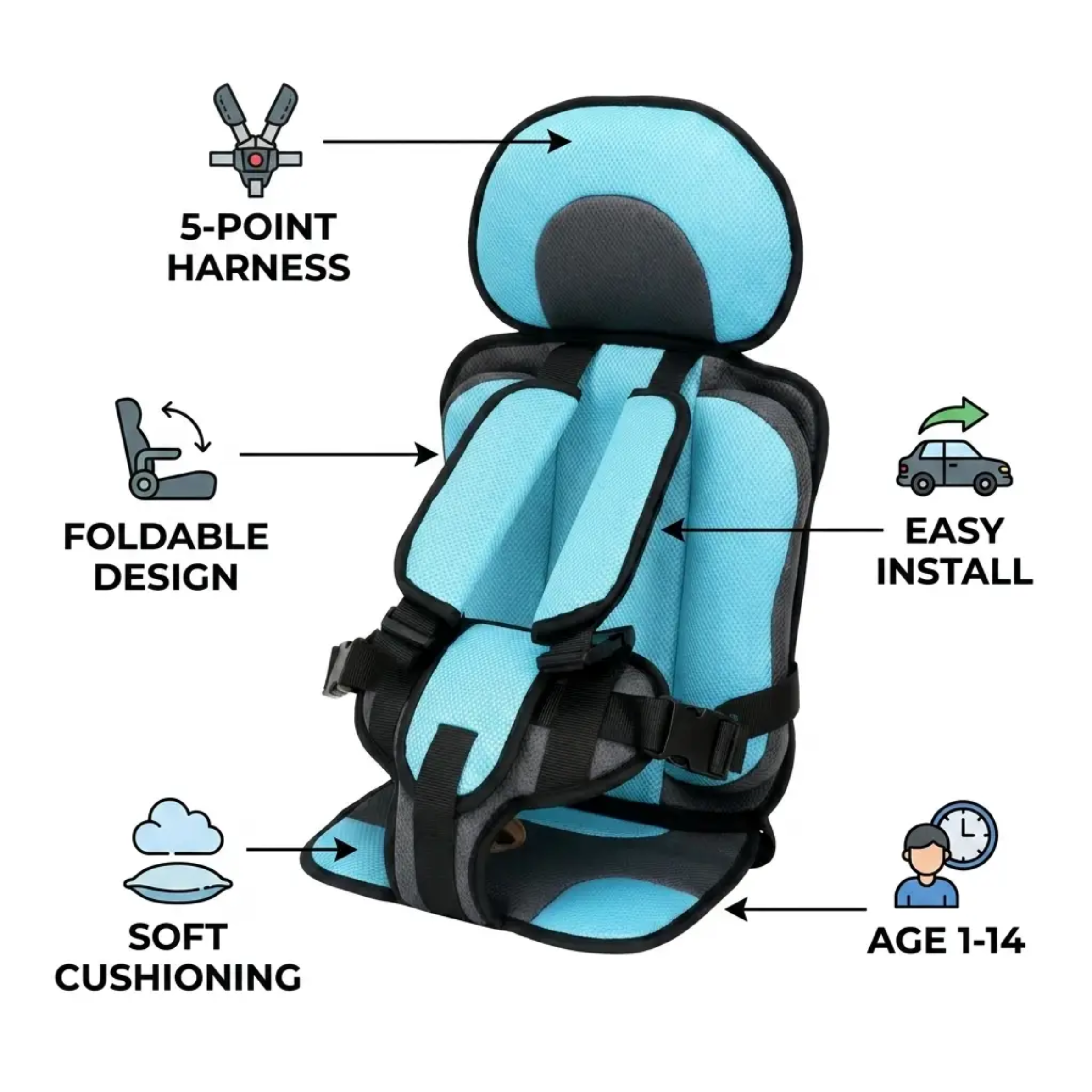 Portable Foldable Child Car Booster Seat - 5-Point Harness, up to 60 kg, view 2