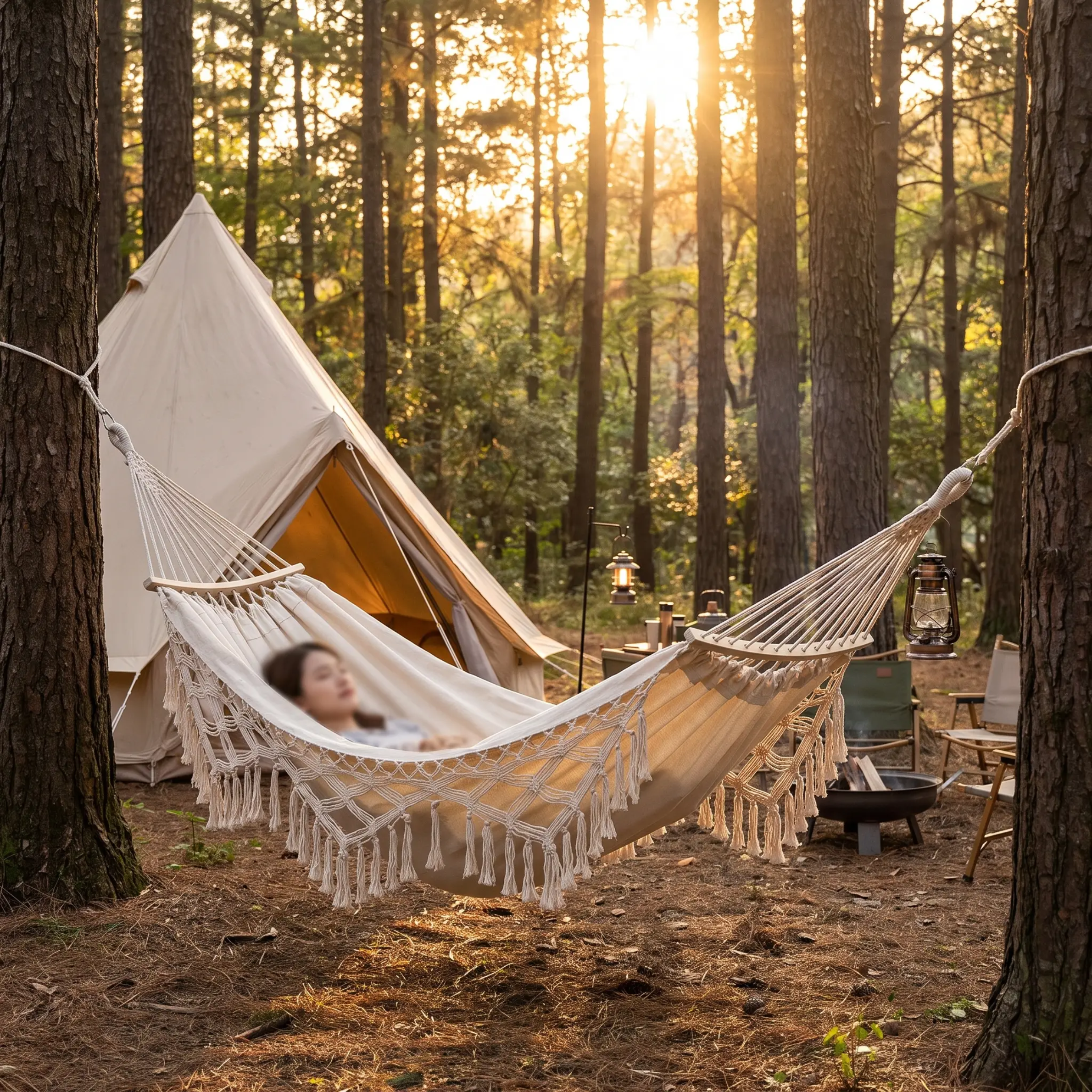 Double Outdoor Camping Hammock with Fringe - 200x150cm, Cotton Canvas, White, view 4