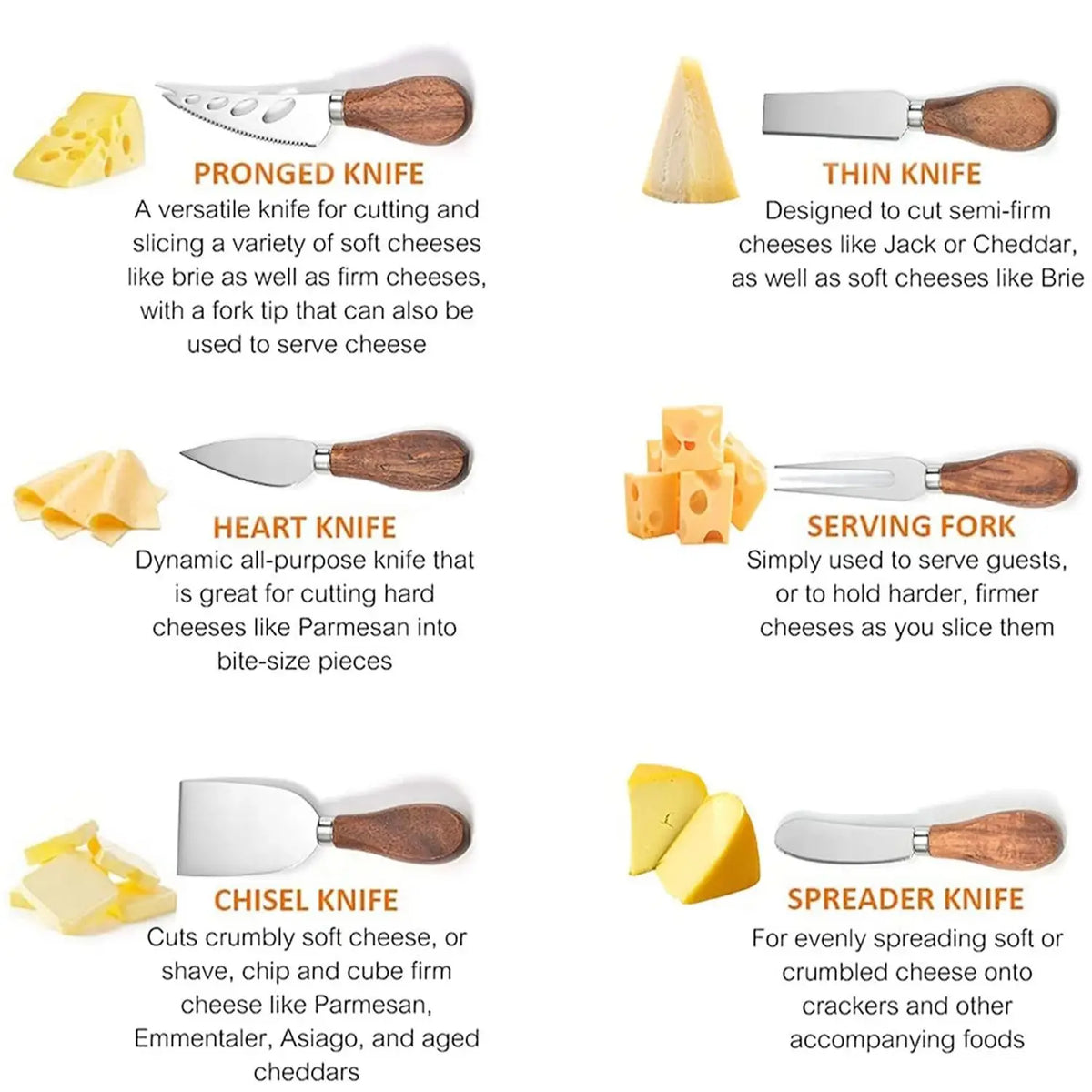 6-Piece Stainless Steel and Wood Cheese Knife Set for Charcuterie