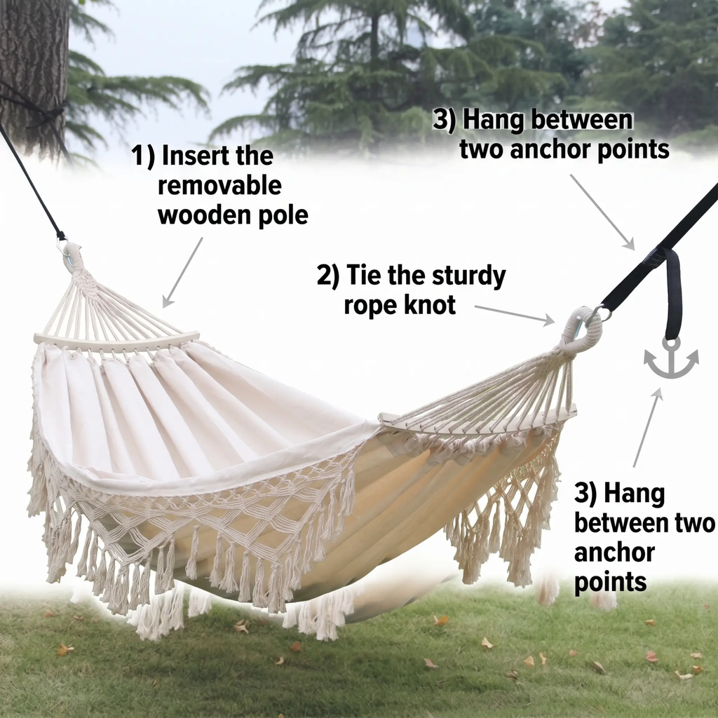 Double Outdoor Camping Hammock with Fringe - 200x150cm, Cotton Canvas, White, view 9