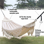 Double Outdoor Camping Hammock with Fringe - 200x150cm, Cotton Canvas, White, view 9