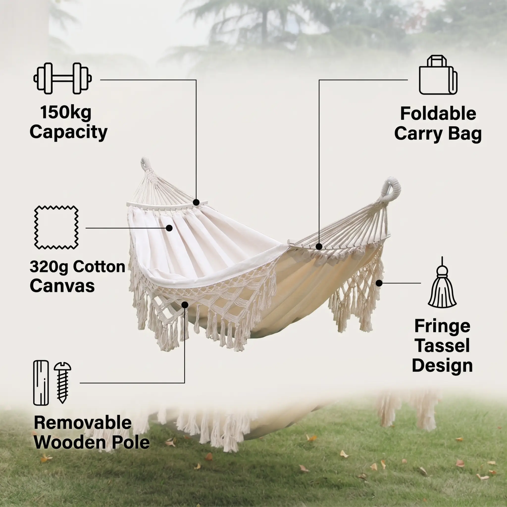 Double Outdoor Camping Hammock with Fringe - 200x150cm, Cotton Canvas, White, view 2