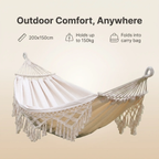 Double Outdoor Camping Hammock with Fringe - 200x150cm, Cotton Canvas, White, view 7