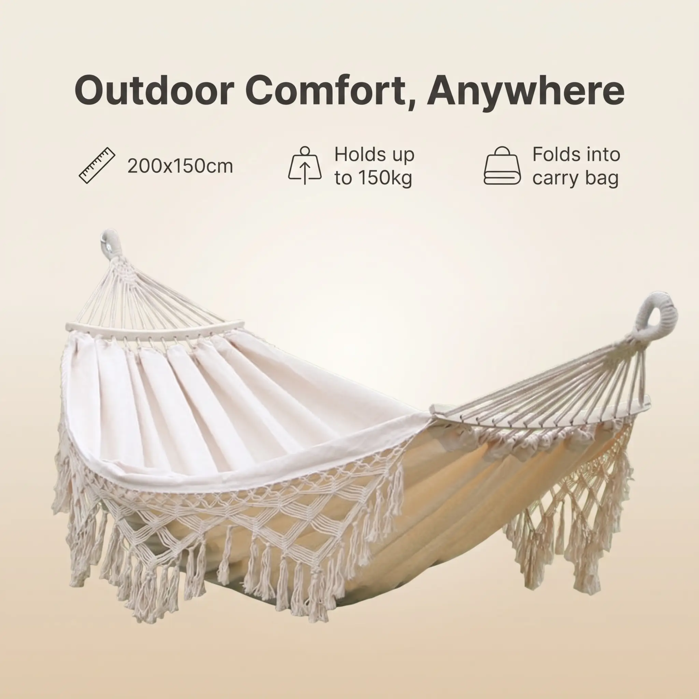 Double Outdoor Camping Hammock with Fringe - 200x150cm, Cotton Canvas, White, view 7