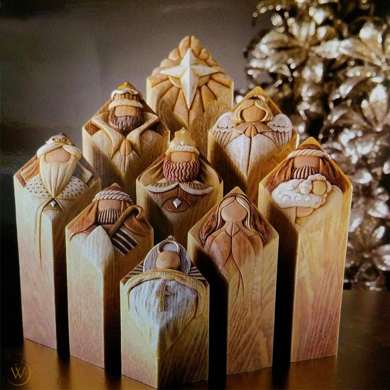 9 Nativity Tree Pillar Statues, Resin Ornaments, 6.5 × 6.5 × 9.5cm