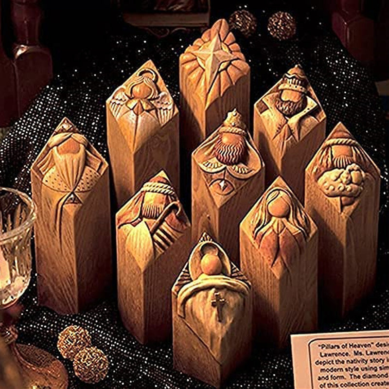 9 Nativity Tree Pillar Statues, Resin Ornaments, 6.5 × 6.5 × 9.5cm