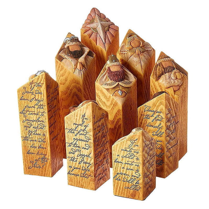 9 Nativity Tree Pillar Statues, Resin Ornaments, 6.5 × 6.5 × 9.5cm