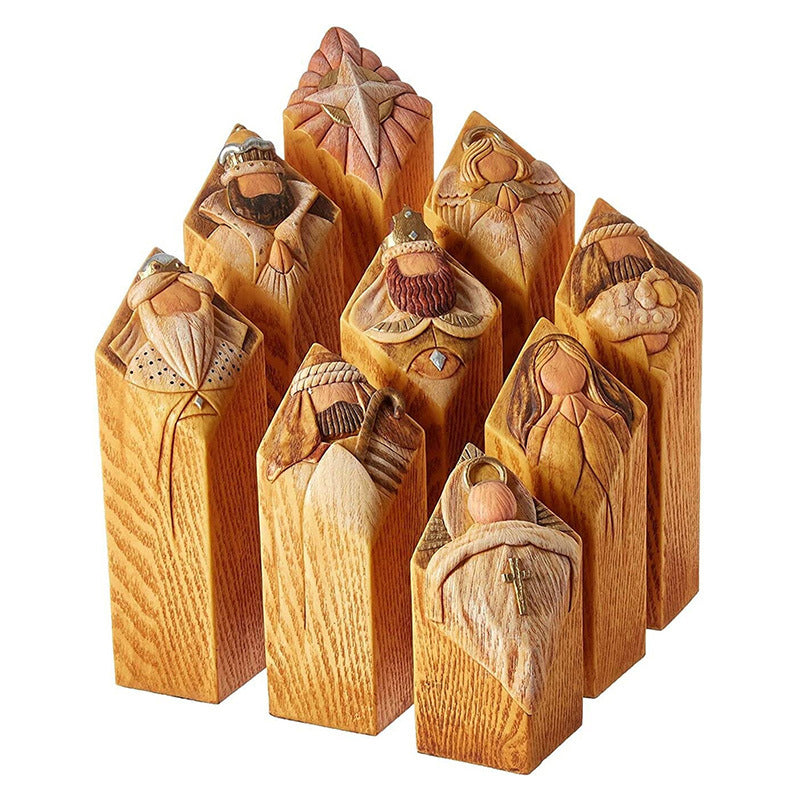 9 Nativity Tree Pillar Statues, Resin Ornaments, 6.5 × 6.5 × 9.5cm