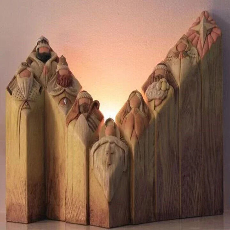 9 Nativity Tree Pillar Statues, Resin Ornaments, 6.5 × 6.5 × 9.5cm