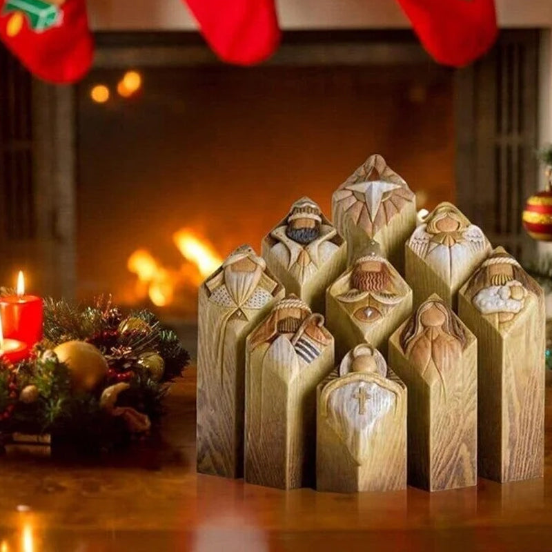 9 Nativity Tree Pillar Statues, Resin Ornaments, 6.5 × 6.5 × 9.5cm