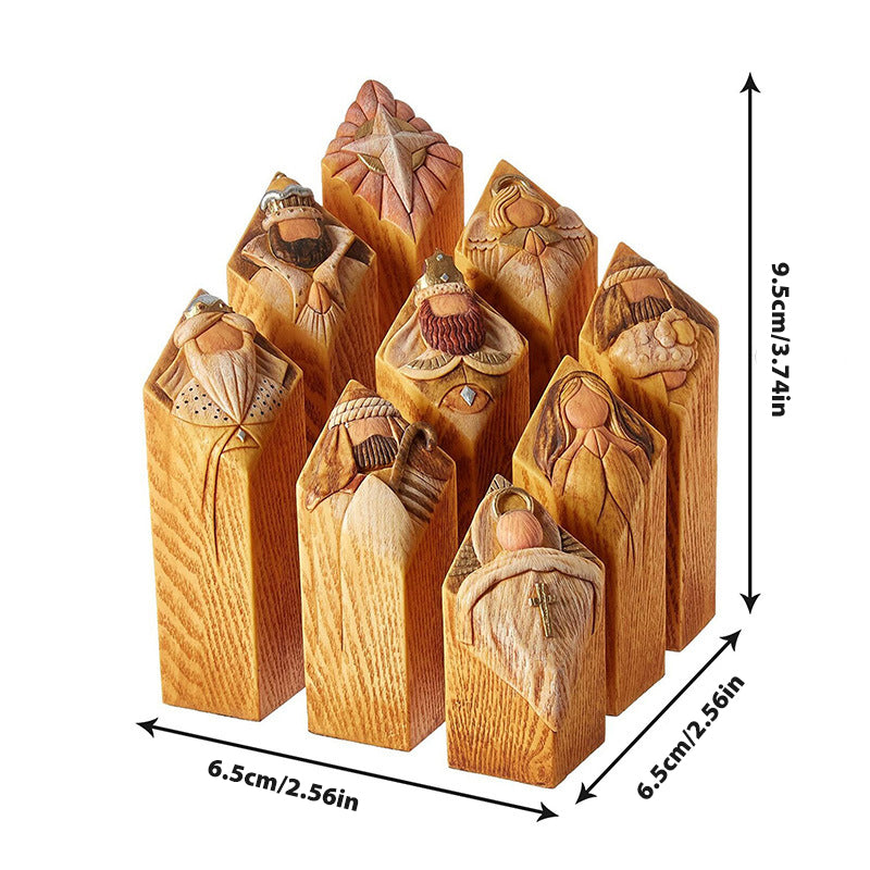 9 Nativity Tree Pillar Statues, Resin Ornaments, 6.5 × 6.5 × 9.5cm