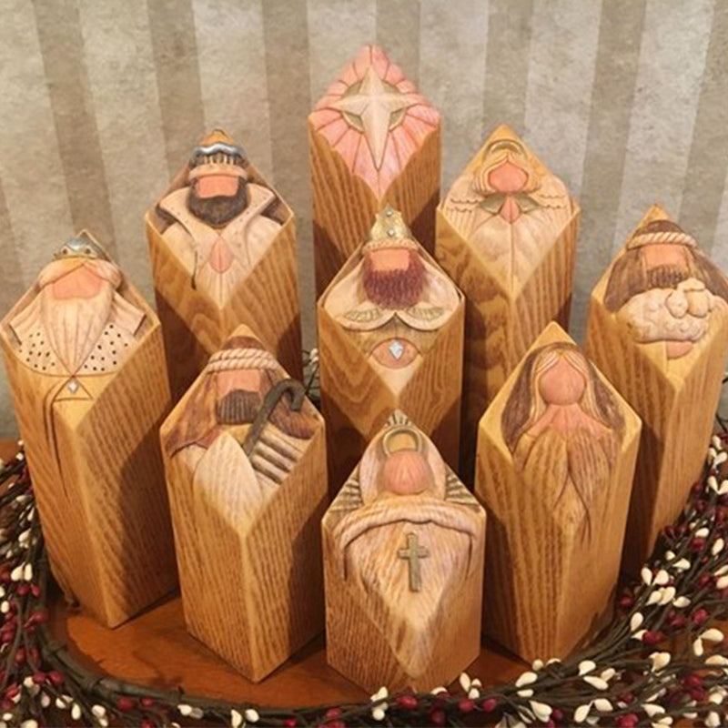 9 Nativity Tree Pillar Statues, Resin Ornaments, 6.5 × 6.5 × 9.5cm