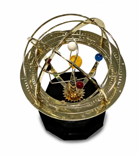 Handcrafted Solar System Orrery Model - Wood, Stone, Brass, 12.7 cm