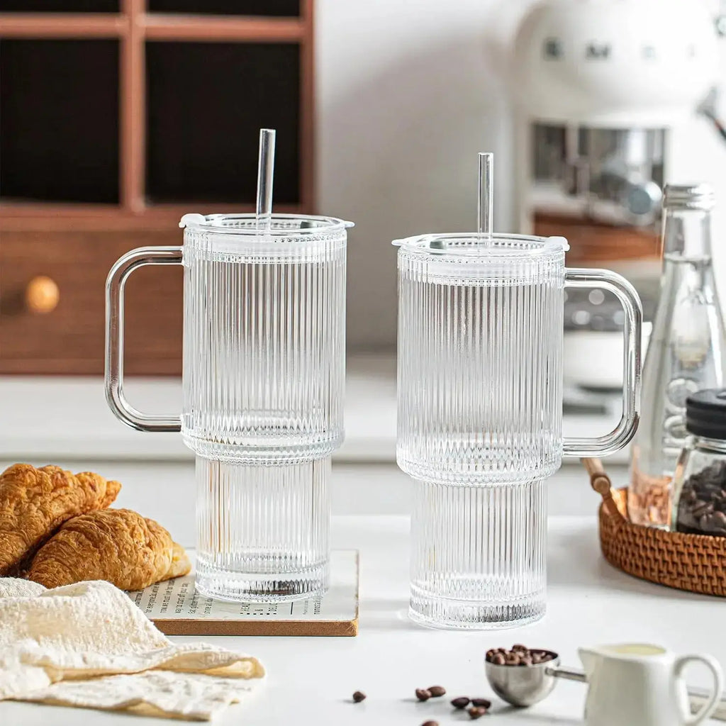 Ribbed Borosilicate Glass Cup - Heat Resistant, 26oz Capacity