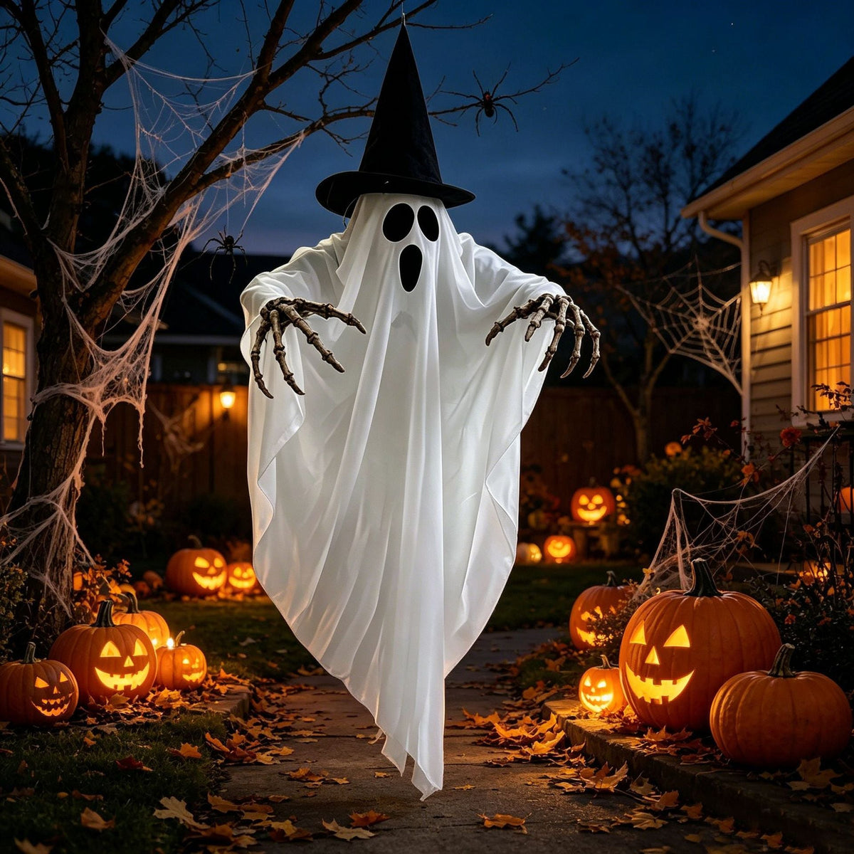 LED Hanging Ghost Halloween Decoration with Witch Hat and Skeleton Arms