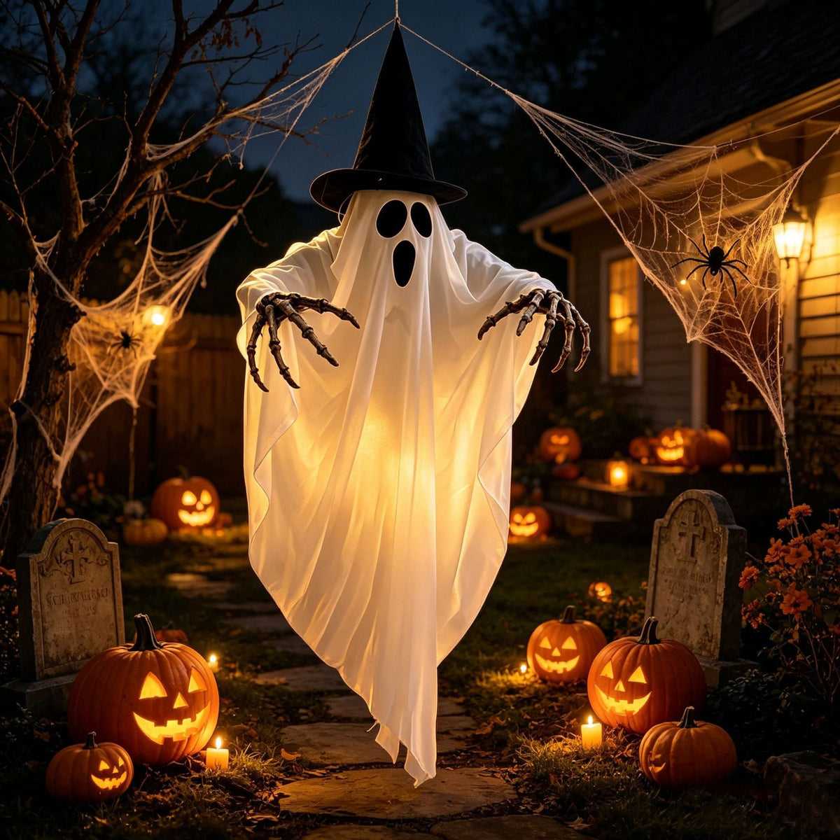 LED Hanging Ghost Halloween Decoration with Witch Hat and Skeleton Arms