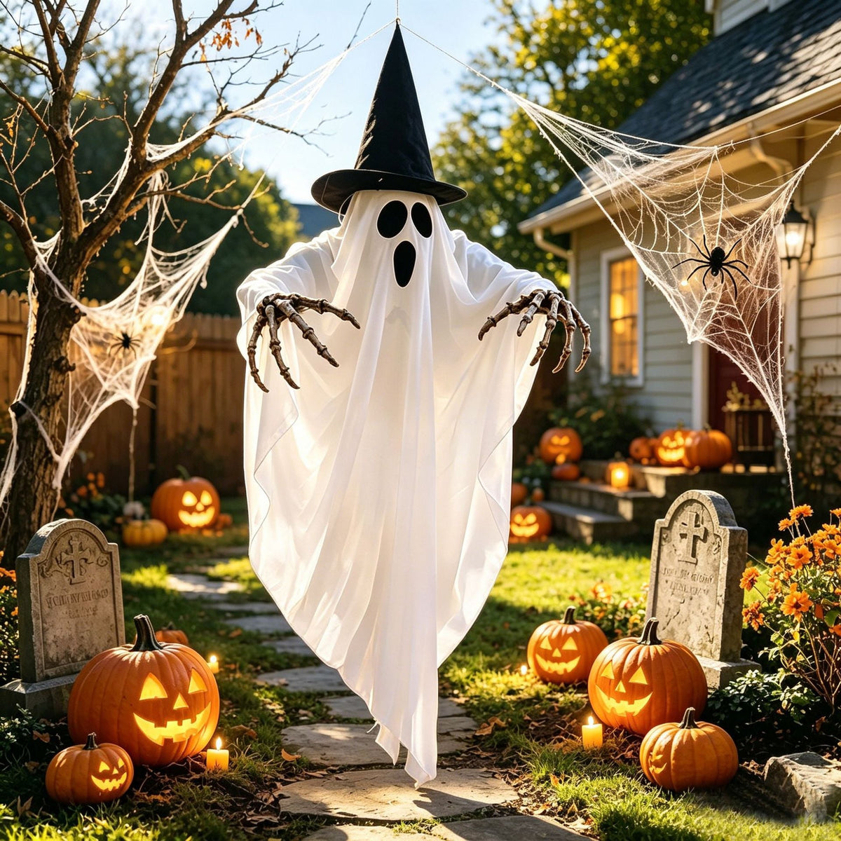 LED Hanging Ghost Halloween Decoration with Witch Hat and Skeleton Arms