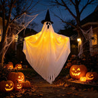 LED Hanging Ghost Halloween Decoration with Witch Hat and Skeleton Arms