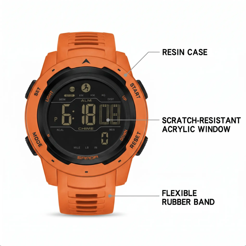 Waterproof Military Pedometer Digital Watch - Resin Case, Rubber Band, view 2