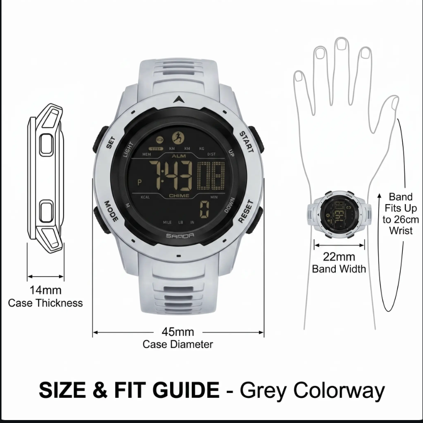Waterproof Military Pedometer Digital Watch - Resin Case, Rubber Band, view 4