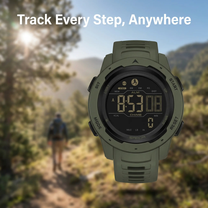 Waterproof Military Pedometer Digital Watch - Resin Case, Rubber Band, view 13