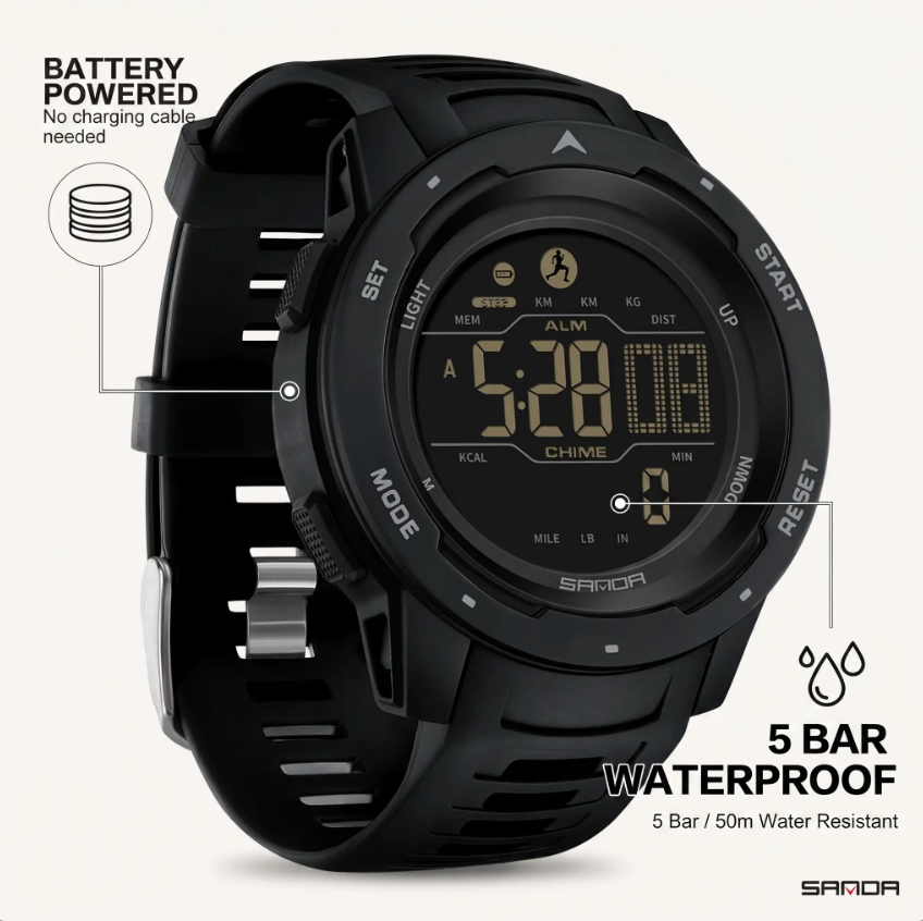 Waterproof Military Pedometer Digital Watch - Resin Case, Rubber Band, view 12