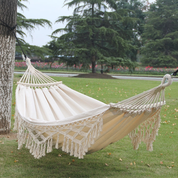 Double Outdoor Camping Hammock with Fringe - 200x150cm, Cotton Canvas, White