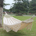 Double Outdoor Camping Hammock with Fringe - 200x150cm, Cotton Canvas, White