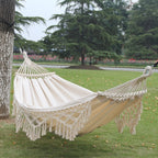 Double Outdoor Camping Hammock with Fringe - 200x150cm, Cotton Canvas, White