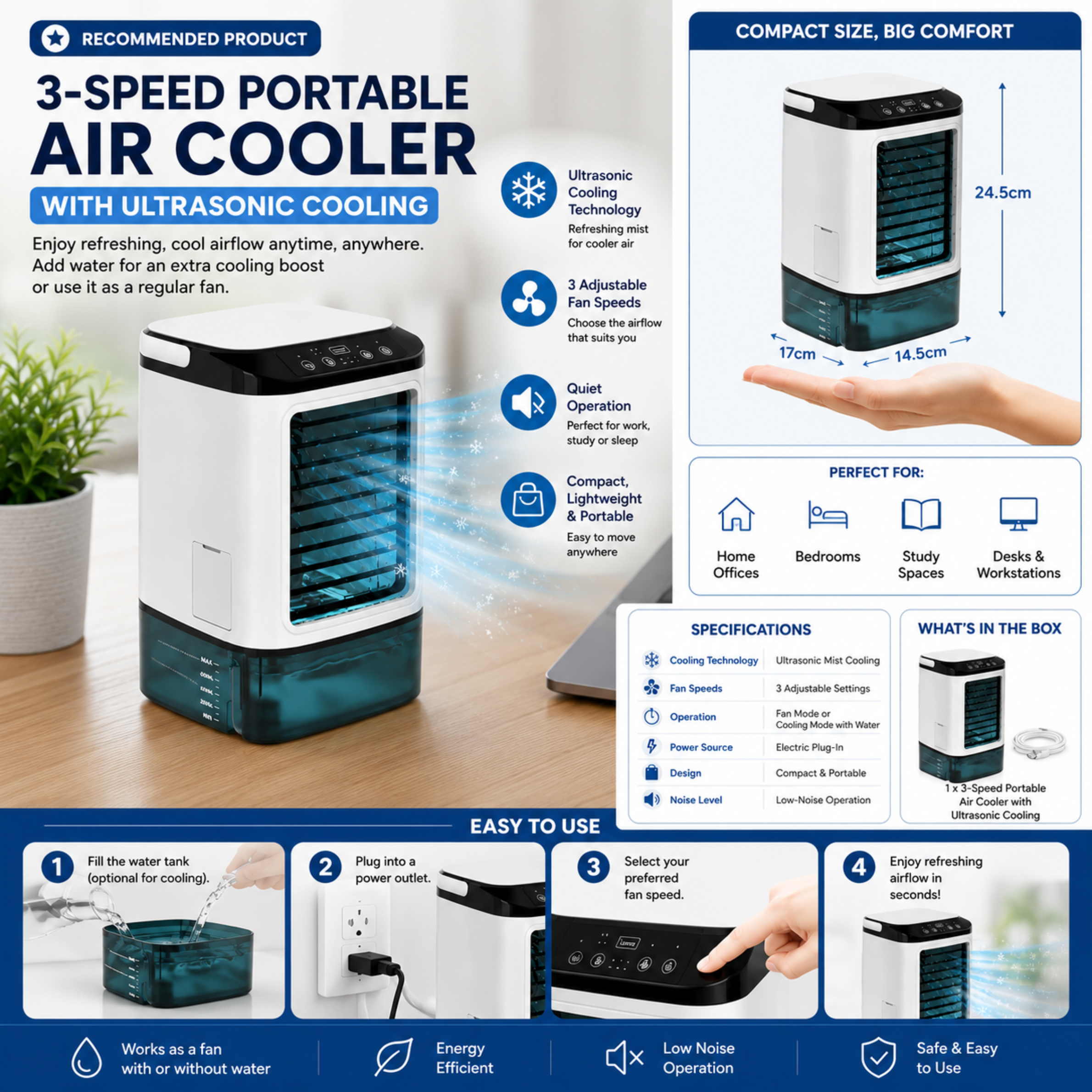 3-Speed Portable Air Conditioner with Ultrasonic Cooling - Plug-In, Up to 15m², view 2